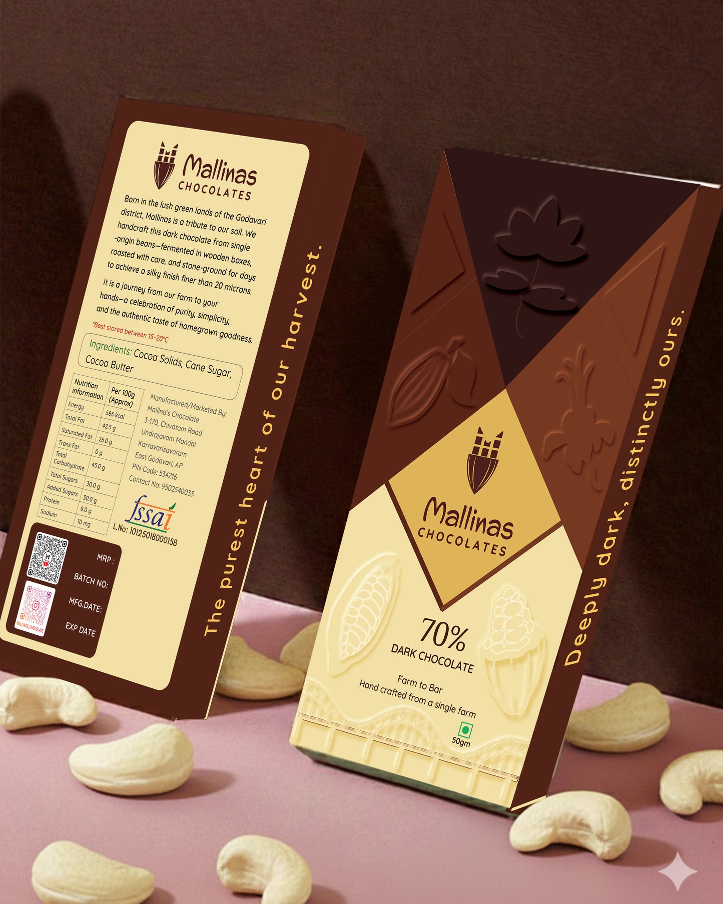70% Dark Chocolate With Cashewnuts - 50 grams